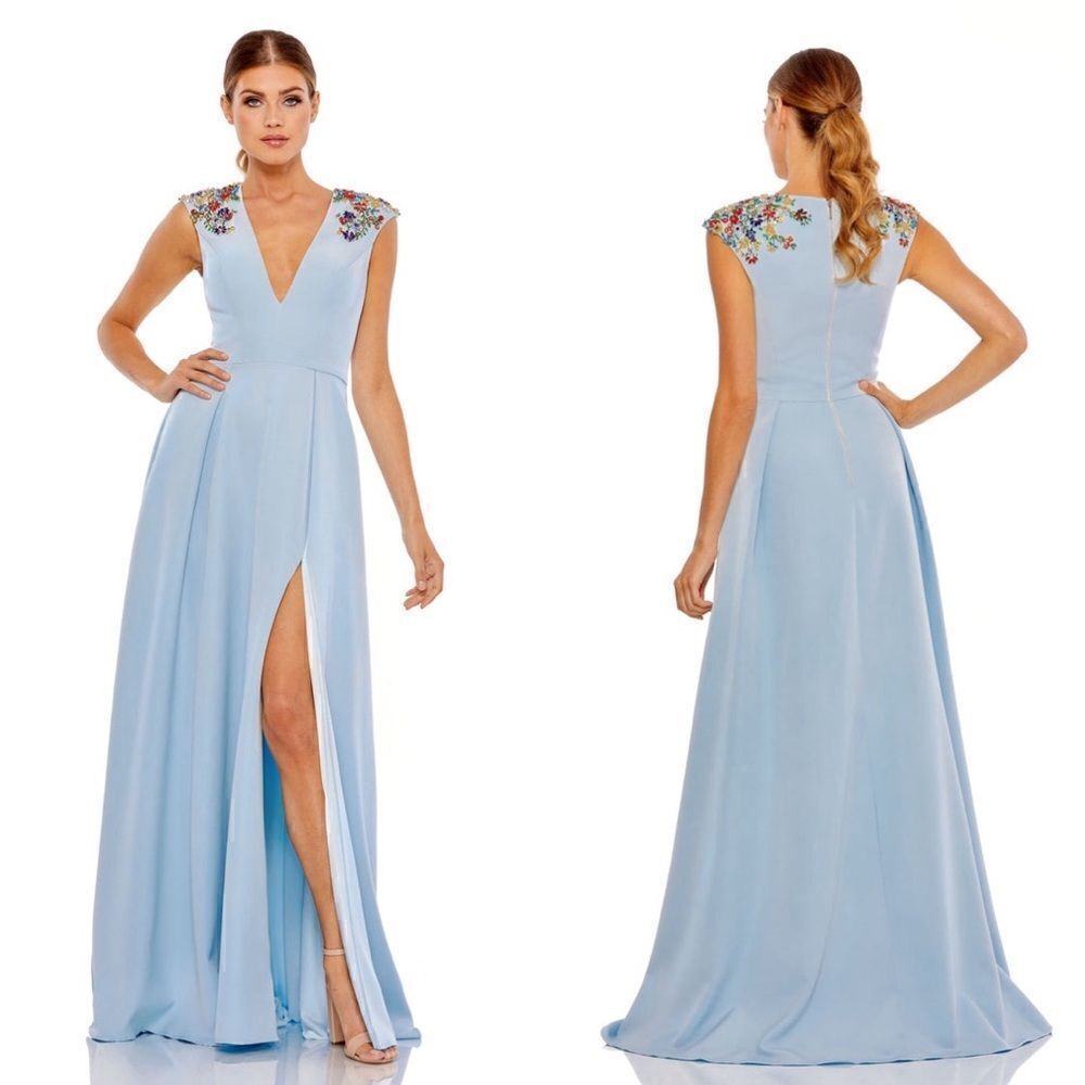 Mac Duggal NWT 26540 BEADED CAP SLEEVE V NECK A LINE GOWN in French Blue…